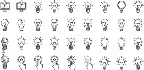 Light bulb idea outline icon set featuring creativity, innovation, interaction, and smart thinking concepts
