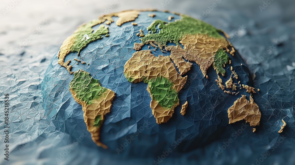 Fototapeta premium Artistic, sculpted earth globe with continents and surrounding textured ocean