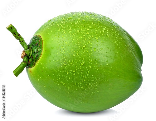 A vibrant, fresh green coconut, glistening with water droplets, sits isolated on a bright white background, ready for refreshment