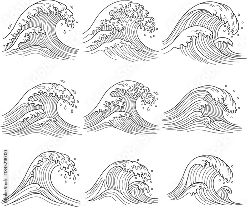 Ocean wave line art illustration set featuring dynamic sea motion, surf energy, and hand drawn water forms