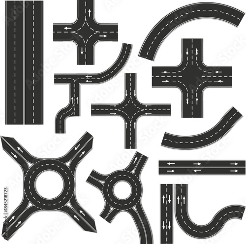 Road and street intersection illustration set featuring highways, curves, roundabouts, crossroads, and traffic layouts