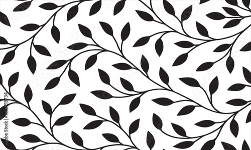 Seamless Black Leaf and Branch Pattern on White Background Vector Illustration