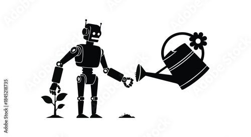 Futuristic robot tending to a small plant with a watering can, symbolizing growth and technology.