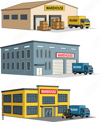 Warehouse and delivery illustration set featuring logistics buildings, storage facilities, loading docks, and cargo trucks
