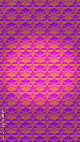 Repeating geometric floral shapes with a gradient from orange to purple fill the vertical frame.