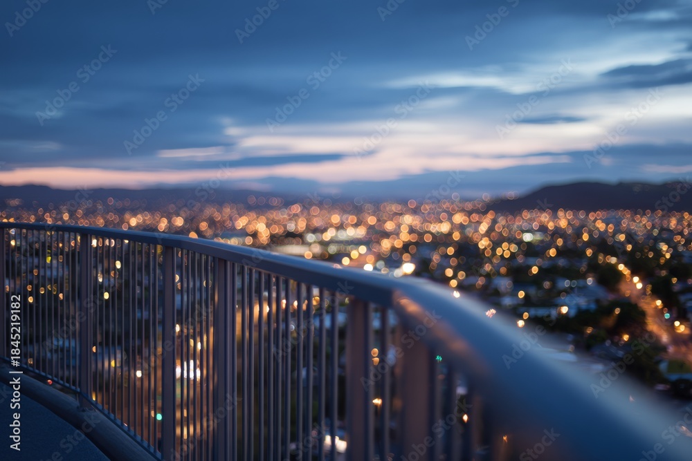 Obraz premium Viewpoint railing overlooking sprawling city lights at dusk, capturing a quiet moment of reflection above the urban landscape.