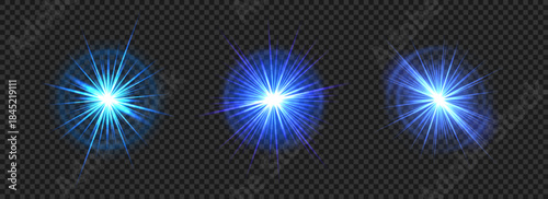 Blue star shine effect. Glimmer sparkle, shiny lights set. Vector bright burst. Spotlight background