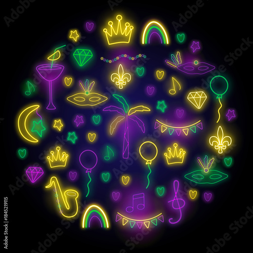 Mardi Gras neon decorative concept in vector.