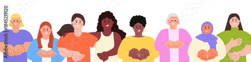 Give To Gain IWD 2026 concept. Diverse happy women with open palms, hands giving gesture International Women's day banner, border isolated on transparent background. Modern flat vector illustration 