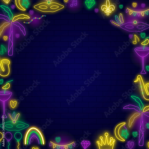 Mardi Gras neon decorative frame in vector.