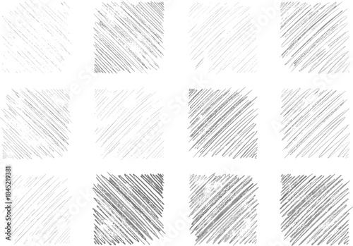 Hand drawn sketch texture square set featuring pencil shading, scribble patterns, and abstract background fills