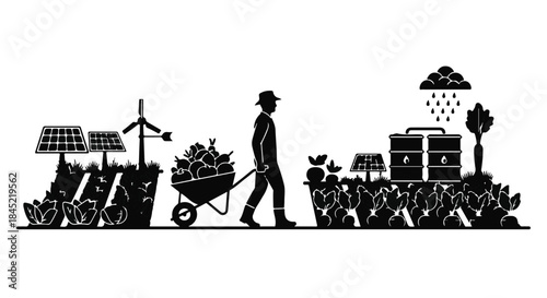 Farmer tending sustainable agriculture with renewable energy and healthy crops