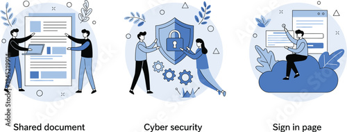Shared documents and cybersecurity illustration featuring secure collaboration, data protection, and user sign in concepts