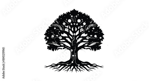 Symbolic tree of life with intricate roots and celestial elements, representing growth and connection