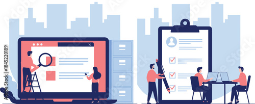 Recruitment and hiring process illustration featuring resume screening, candidate evaluation, teamwork, and human resources workflow