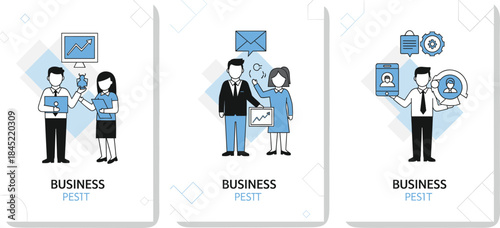 Business PEST analysis illustration set featuring political, economic, social, and technological strategy evaluation concepts