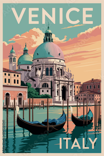 Vintage Travel Poster of Venice Grand Canal and Gondolas at Sunset Italy