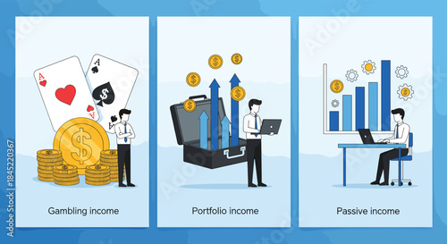 Income types illustration set featuring gambling income, portfolio investment growth, and passive income financial concepts