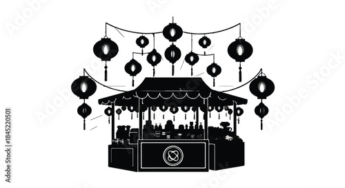 Festive market stall adorned with glowing lanterns creates a magical nighttime atmosphere.