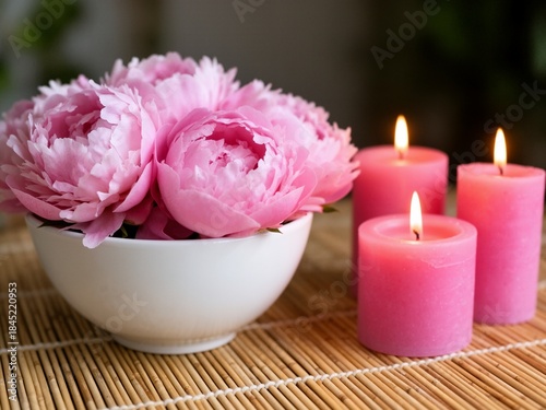 Fototapeta Naklejka Na Ścianę i Meble -  A white bowl filled with pink peonies next to three pink candles on a bamboo mat