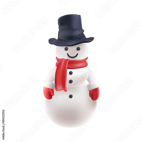 3D snowman cute mascot, snowball man in winter frosty light. Merry character in red scarf, mittens and new year hat for Xmas card. Ice funny festival, happy noel 2026. Isolated png vector render white