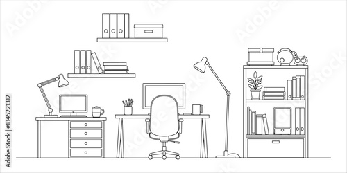 Home office workspace with desk, chair, computer, lamp, bookshelf, books, plant, and folders.