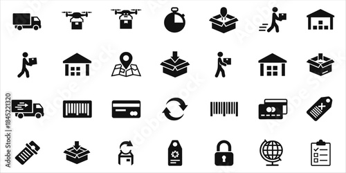 Delivery and logistics icons with truck, drone, box, barcode, credit card, map, lock, and checklist.
