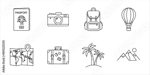 Travel and vacation icons with passport, suitcase, backpack, camera, map, balloon, and mountains.