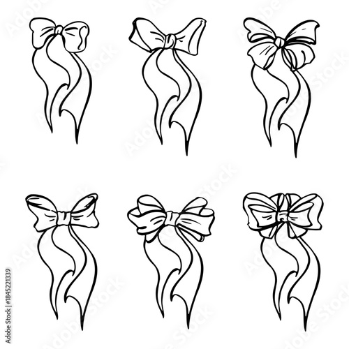 Festive ribbon bows tied in luxurious satin with long curling ends. Vector isolated illustration set hand drawn in ink. Perfect for Christmas banners, wrapping paper, and digital gift tag layouts.