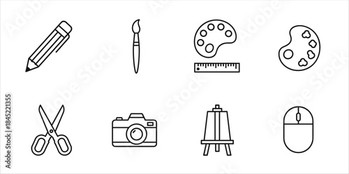 Creative tools icons with pencil, brush, palette, ruler, scissors, camera, easel, and mouse.
