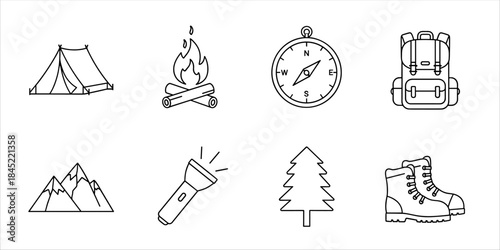 Camping gear and hiking icons including tent, fire, compass, backpack, boots, and flashlight.