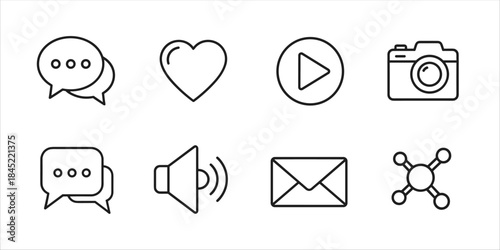 Social media icons: chat, heart, play, photo, email, sound, share, communication, outline style.