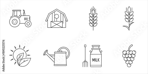 Farm and agriculture icons with tractor, barn, wheat, milk, grapes, tools, and plants.