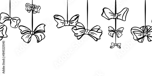 Hand drawn ribbon loops and bow shapes in a stringed garland forming elegant continuous strip. Vector seamless banner illustration in ink. Birthday gift header, love invitation, decorative divider.