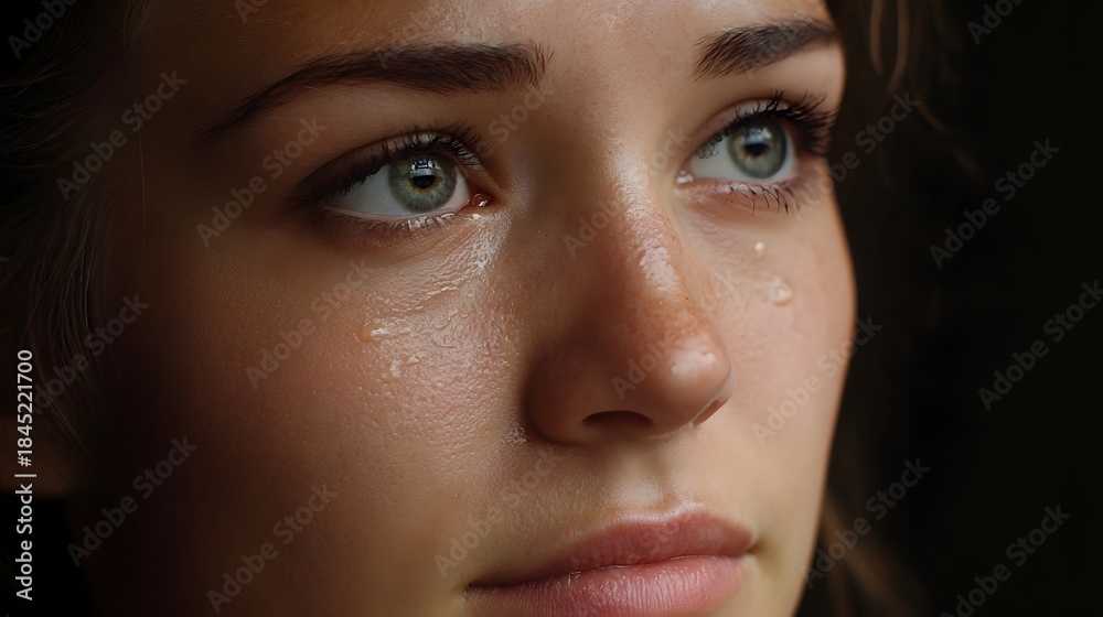 Fototapeta premium A close up portrait of a young woman with tears glistening on her face looking away with a sad expression