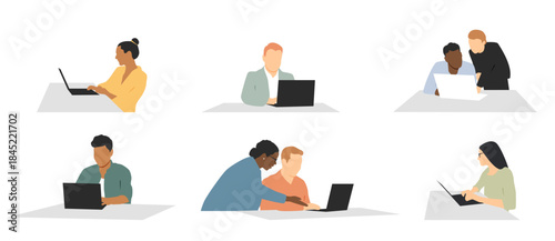 Different people at the desk working. Collection of avatars. Working space concept. People with laptops.