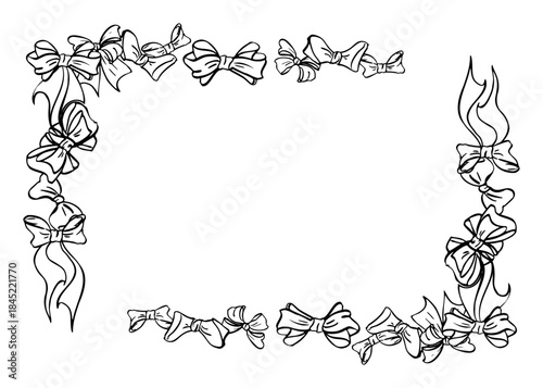 Ribbon curls and elegant bows outlining rectangle border. Hand drawn vector illustration in pen and ink. Wedding stationery, holiday invitation, celebration printable template, Mothers day decor.