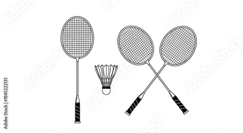 Badminton gear layout showing a tall racket a shuttlecock and two crossed rackets arranged for sport play and practice sessions for display.