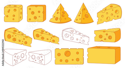 Cheese pieces in various shapes including cubes wedges slices and blocks with holes are shown in bright yellow cartoon style across the image.