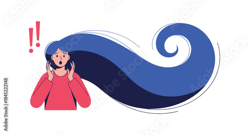 Surprised woman with long flowing blue hair blasting behind her in a dramatic swirl expressing wind energy and a tense moment.
