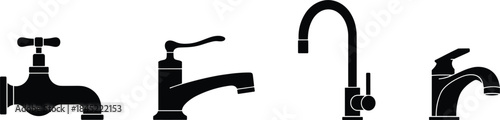 Collection Of Four Black Silhouette Icons Of Different Water Faucets And Taps plumbing kitchen