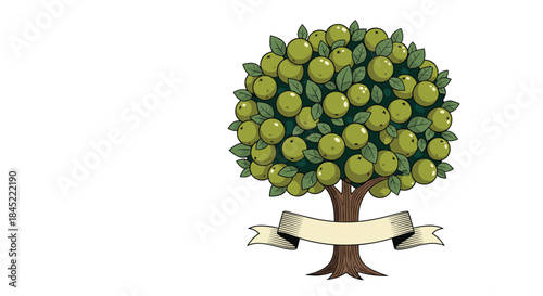 Lush fruit tree with abundant green apples and a decorative ribbon around the trunk stands against a clean white background.