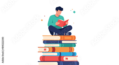 Person sits cross legged on a tall stack of colorful books and reads a bright red book in a quiet moment of learning and imagination.