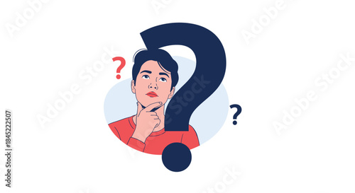 Thoughtful person ponders a question mark as symbols of uncertainty and curiosity surround them to convey inquiry and decision making in illustration.