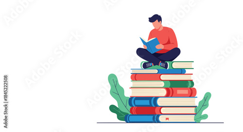 Young reader sits on a tall stack of colorful books reading a book amid green leaves and a clean white background to convey focus imagination and lifelong learning.
