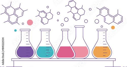 Colorful Chemical Flasks with Molecular Structures Floating Above Keywords: chemistry, science, laboratory, experiment, research