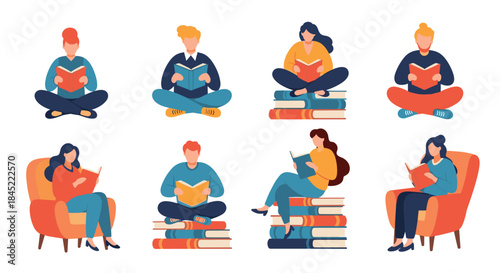 Diverse group of people reading books in cozy and modern settings with chairs and stacks of books and relaxed poses creating a calm learning scene.