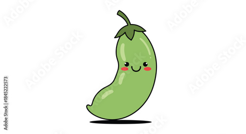 Adorable green pea character with a cheerful smile rosy cheeks a delicate stem and playful posture stands on a shadowed surface exuding warmth and whimsy.