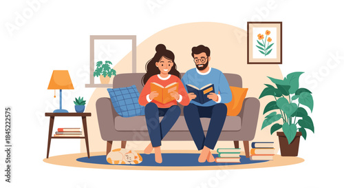 Cozy living room scene shows a couple sitting on a sofa reading books together with a cat resting on a rug nearby and plants and framed art around.