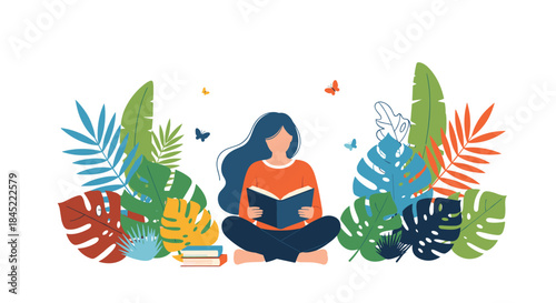 Person sits cross legged among lush tropical plants reading a book while colorful leaves surround them and small butterflies hover nearby.